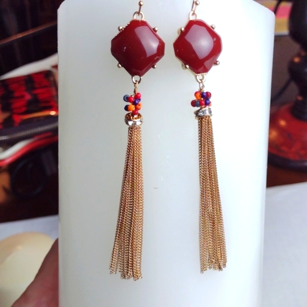 Mia Collection Gold Tone Bordeaux Stone Rhinestone Chain Fringe Drop Earrings